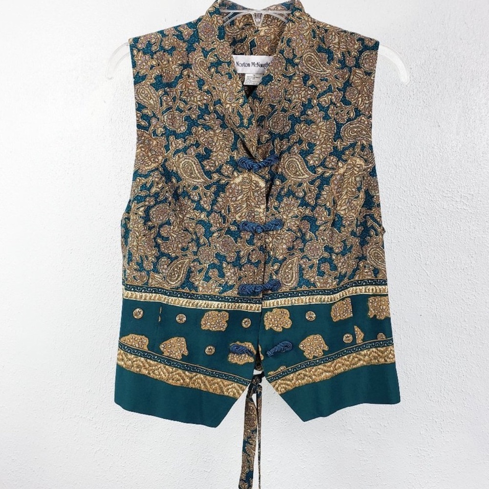 Norton Mcnaughton Vintage Forest Green & Gold Woman’s Sarong & Vest Suit Set - Picture 14 of 16